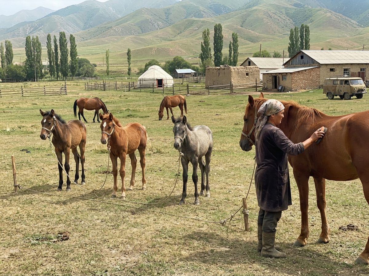 Foals at the jele while their mothers graze, on a summer pasture above Kara-Oi.